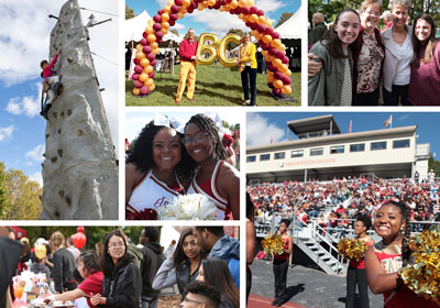 A collage of photos: Clockwise from top left. A person rock climbing. Two people standing under a balloon arch. Four people standing together for a photo. Cheerleaders cheering in front of stands of people. Three people talking together in front of a table. Two cheerleaders smiling at the camera.|Cheerleaders stand in front of crowded stands|Saxophonists play outside|||||Homecoming by the numbers. 12 animals in the petting zoo. 99 tailgating spots at Mapp Field. 53 Ripples medallions given to the class of 68. 2