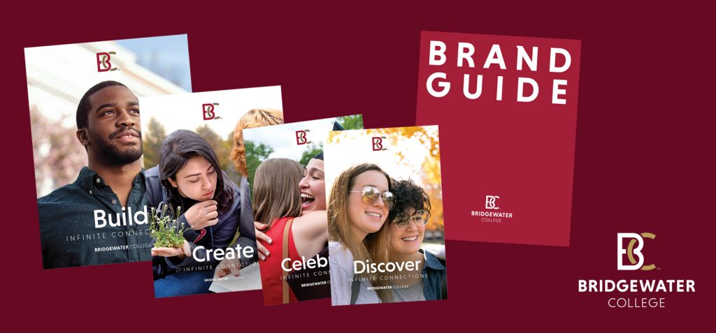 Brochures featuring Bridgewater College students and the cover of the Brand guide