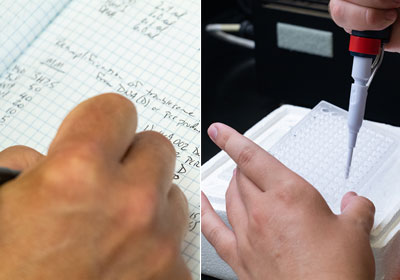 student takes down notes on paper and another student uses a pipet in a lab