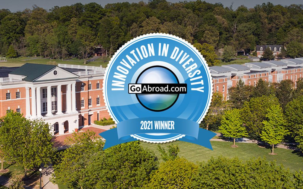 An Innovation in Diversity logo appears on a photo of Bridgewater College's campus
